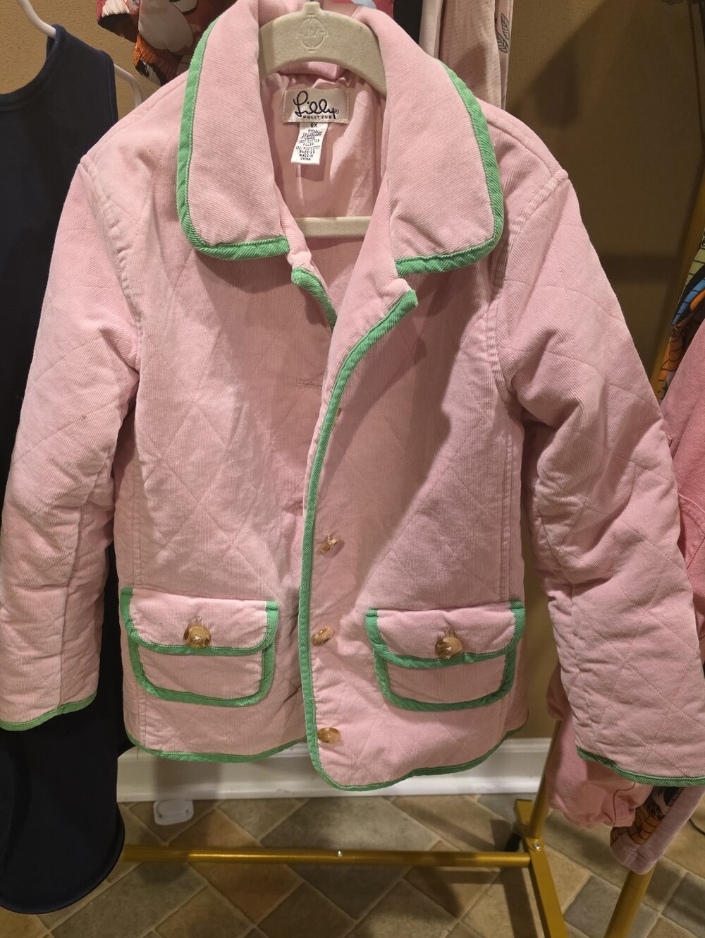 Girls Lilly Pulitzer Pink Quilted Jacket with Green Trim